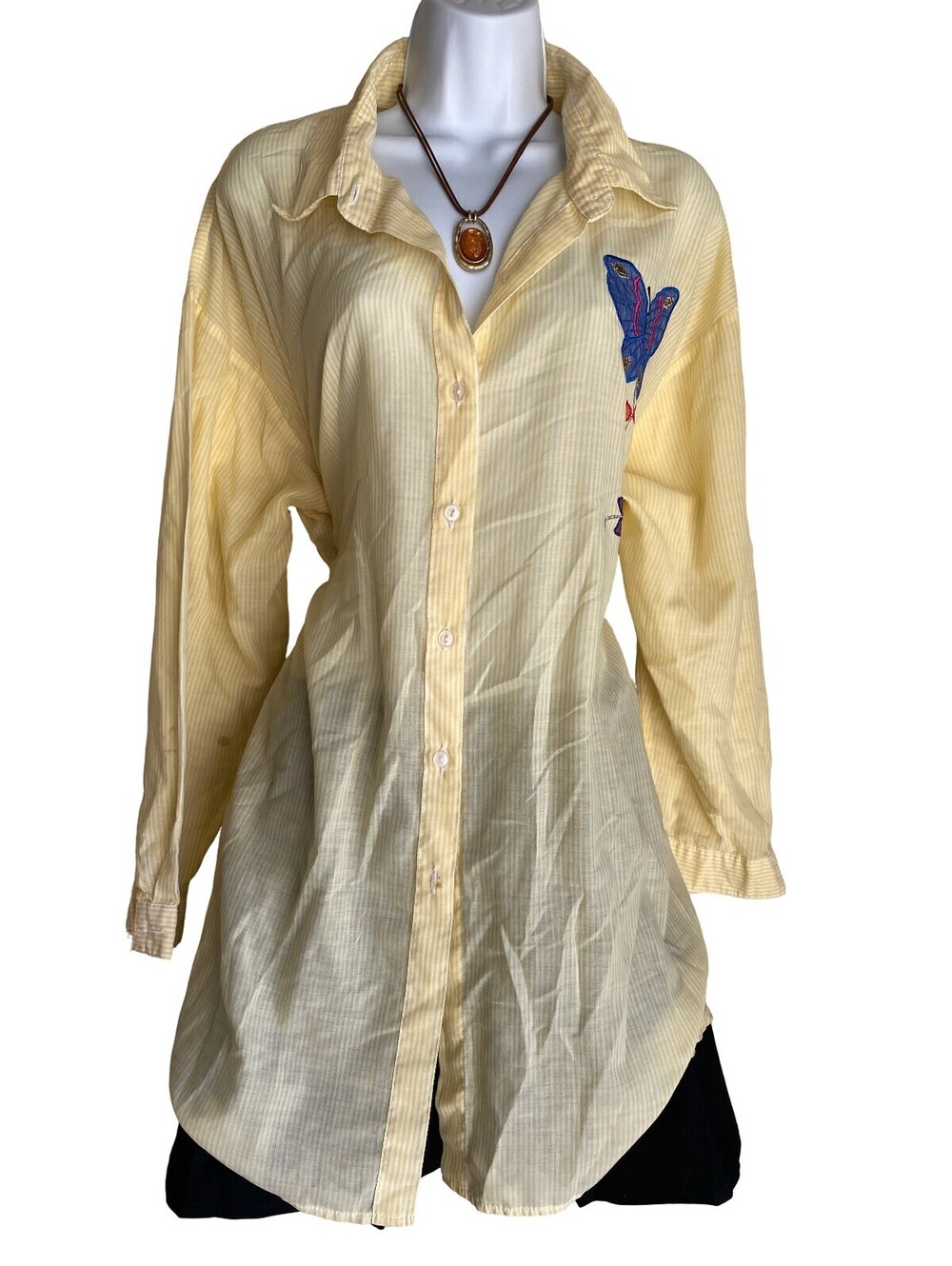 Vintage CC Plus 5X Yellow Striped Butterfly Embroidered Tunic Blouse Fall Top
